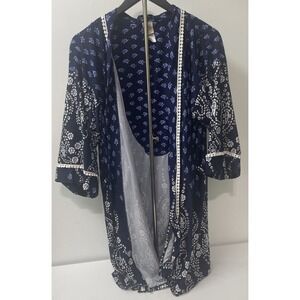 In Bloom Robe Womens M/L Navy Blue Excellent Floral Patchwork Pom Pom DDL130M